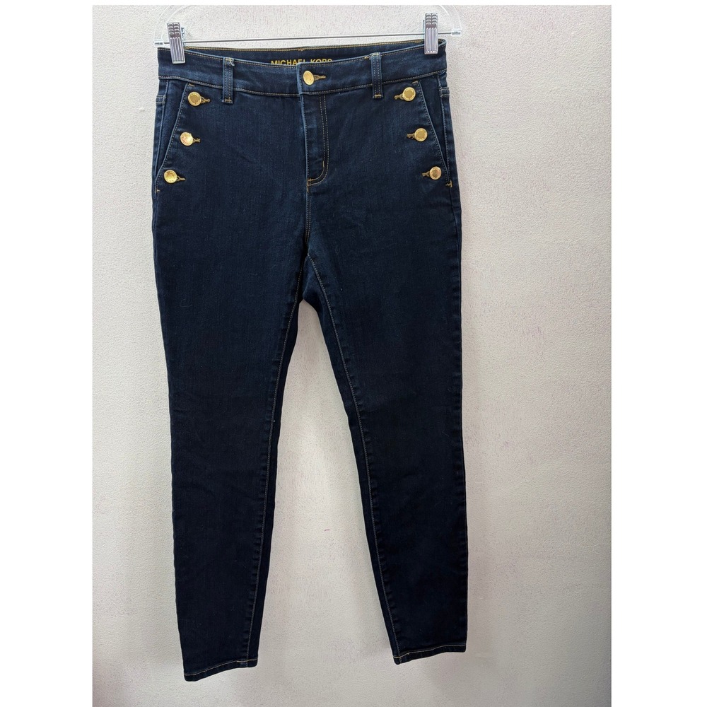 Michael Kors Women Blue Sailor Button Skinny Jeans Indigo Denim Size 4